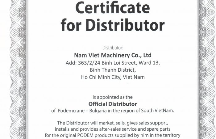 Công ty TNHH Cơ Khí Nam Việt được công nhận là Đại lý chính thức của Podem (crane & hoist) - Bulgaria tại phía nam (Việt Nam)